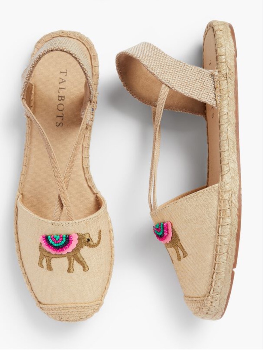 Talbots Beige Canvas Elephant Espadrilles with Beading